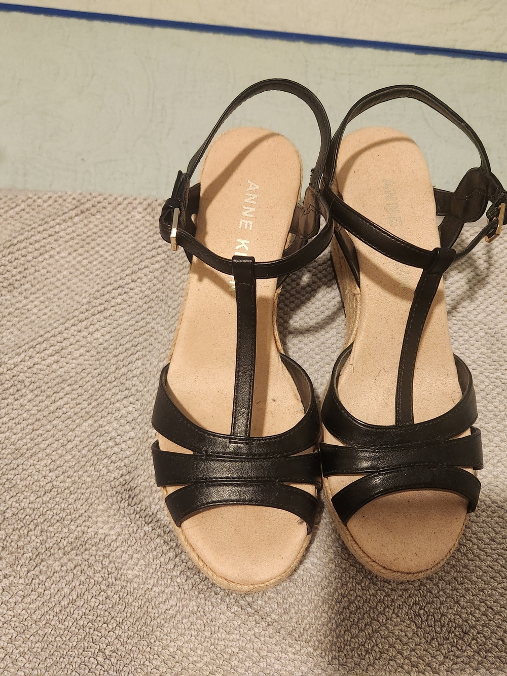 Anne Klein Black T-Strap Espadrille Wedge Sandals